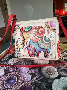 Anuschka Multicolor Elephant Crossbody Bag - White with Red Strap